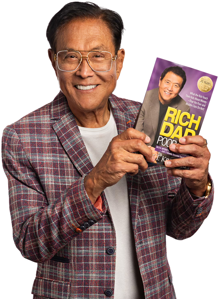 ሮበርት ኪዮሳኪ የፋይናንስ ደራሲ የ“Rich Dad Poor Dad” መጽሐፉን ይዞ የሚያሳይ ምስል።